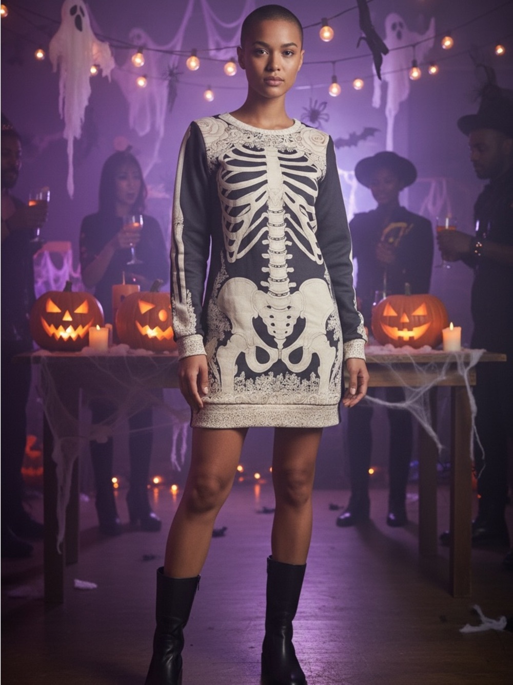 Skeleton BODYCON Sweatshirt Mini Dress - small Halloween cosplay 💀